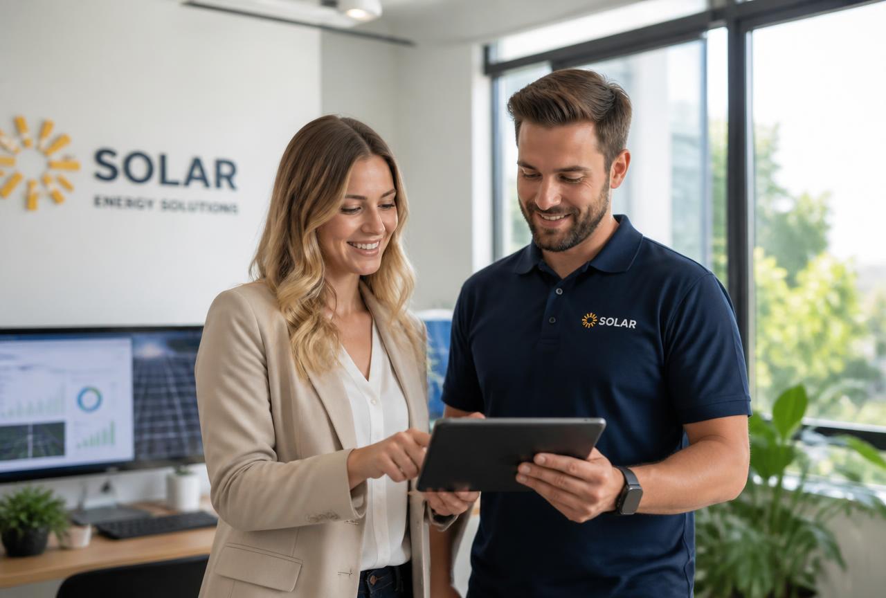 Equipo de una instaladora solar revisando resultados en una tablet
