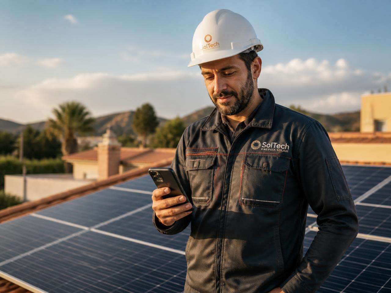 Técnico de una instaladora solar revisando un mensaje en el móvil sobre un tejado con placas